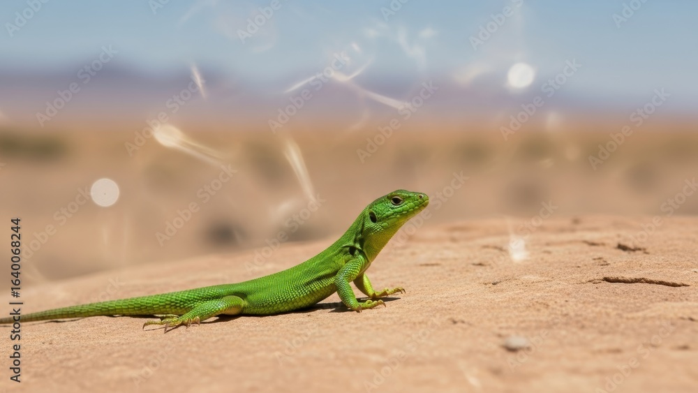 Fototapeta premium A green lizard on a rock in the desert with a magical glow effect.
