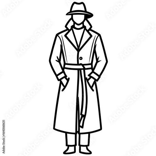 Man in trench coat and fedora hat standing with hands in pockets