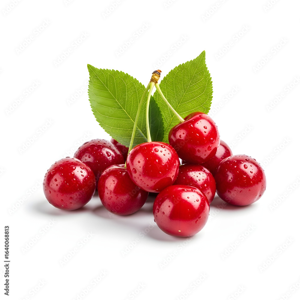 Fresh Cluster of Red Cherries with Green Leaves Fresh Cluster of Red Cherries with Green Leaves