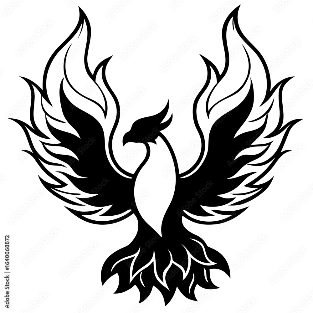 Fototapeta premium Stylized black phoenix with fiery wings and tail