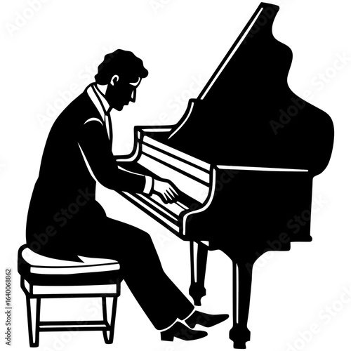 Man in suit playing grand piano