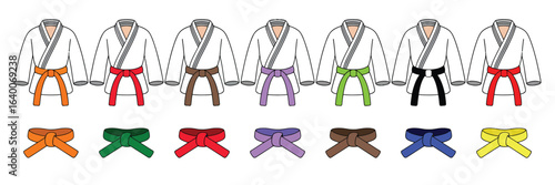 Taekwondo and Karate Martial Arts Belt Progression, Collection of Colored Belts Representing Skill Levels and Rank Advancement in Combat Sports Training

