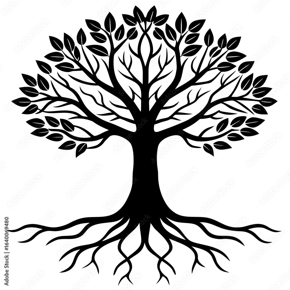 Obraz premium Stylized black tree silhouette with visible roots and leaves