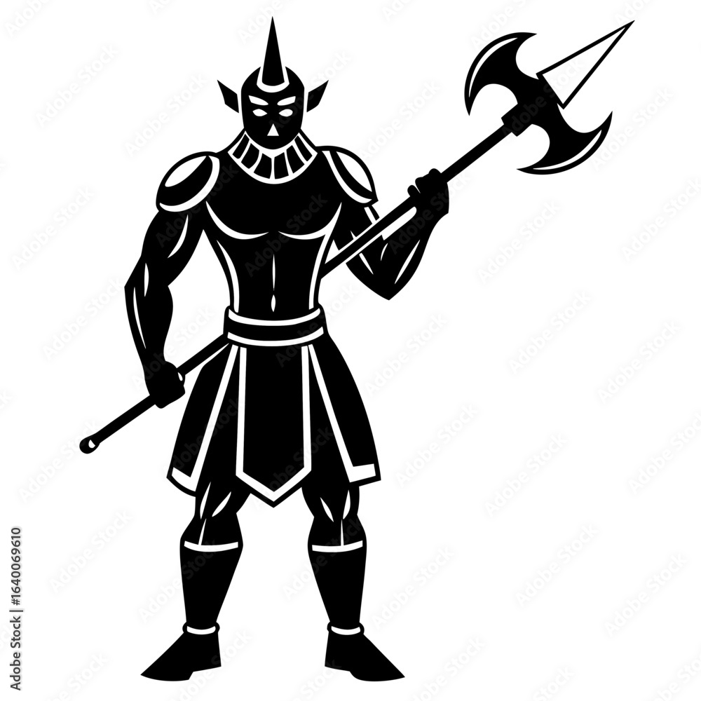 Obraz premium Warrior with a horned helmet and a double bladed axe