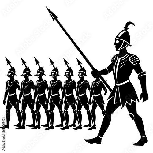 Soldiers in formation with spears and helmets