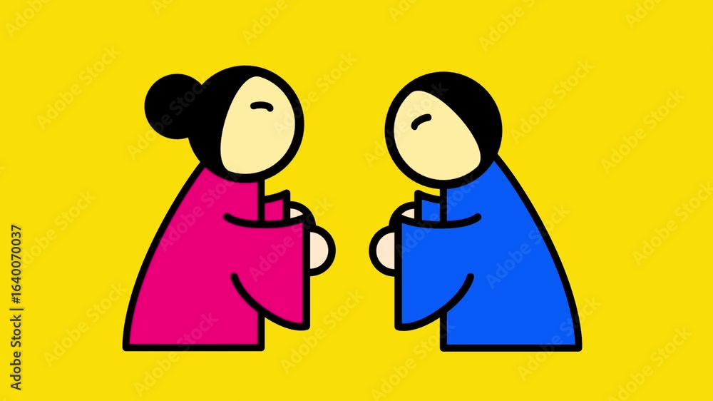 Two simplified figures in pink and blue facing each other in a gesture of greeting, representing connection and cultural tradition Two simplified figures in pink and blue facing each other in a gesture of greeting, representing connection and cultural tradition
