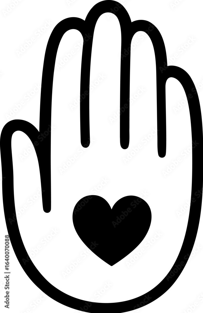 Obraz premium Human hand with heart silhouette symbol. Charity, volunteering, social support design element. Cute hand drawn vector illustration.