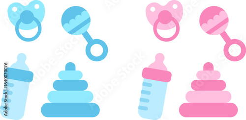 Cute cartoon newborn baby items: pacifier, bottle, toys. Boy blue and girl pink color. Baby shower design elements illustration set. Flat vector icons