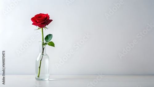A single vibrant red rose in full bloom, presented in a clear glass vase with water and leaves, set against a clean white background, symbolizing love and beauty