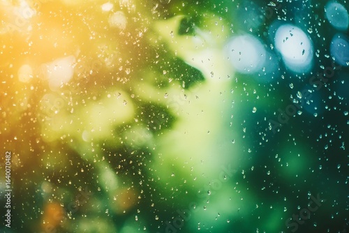 Raindrops falling horizontally against a backdrop, during the winter season, with humid and rainy conditions prevailing indoors, where water condenses on windows, and wet raindrops cling to a clean