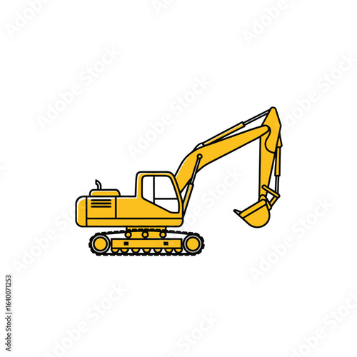 A yellow excavator with a long arm and bucket is depicted against a white background, ready for construction work.