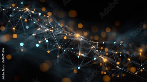 Dynamic network of glowing nodes and lines creates an abstract concept of connection, data, and innovation in a digital universe