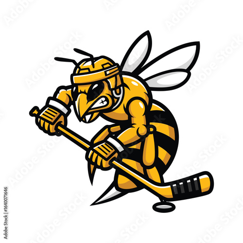 Aggressive Cartoon Wasp Playing Hockey with Stick and Puck Mascot