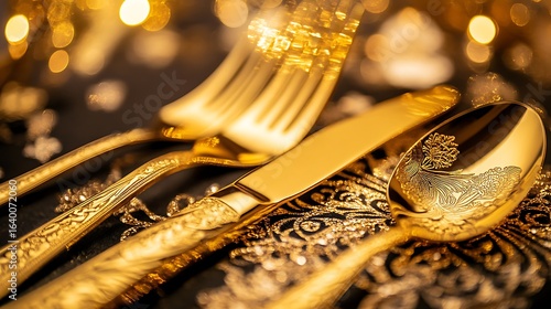 Golden cutlery silverware spoon fork knife luxury tableware elegant dining utensils flatware shiny metallic gold | empty png screen perfect for personalized branding