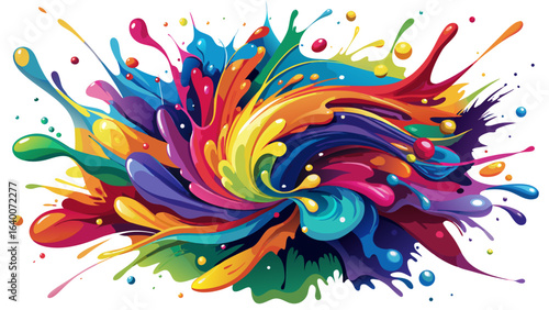A vibrant and energetic display of colorful paint splashes against a stark white background, vivid tones, dynamic movement, artistic chaos, bold composition, fluid shapes, modern creative expression.
