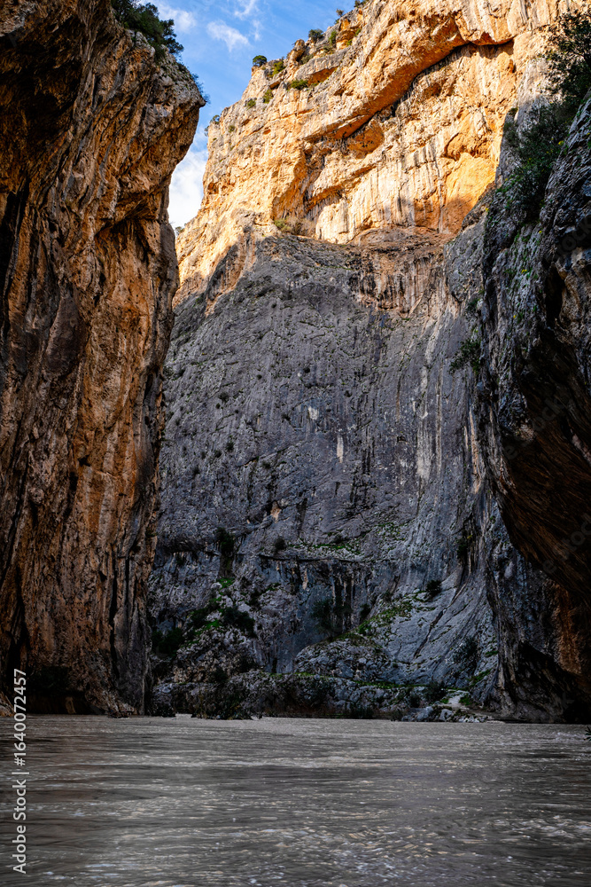 Obraz premium View of Rugged Canyon with Flowing River Through Rocky Terrain