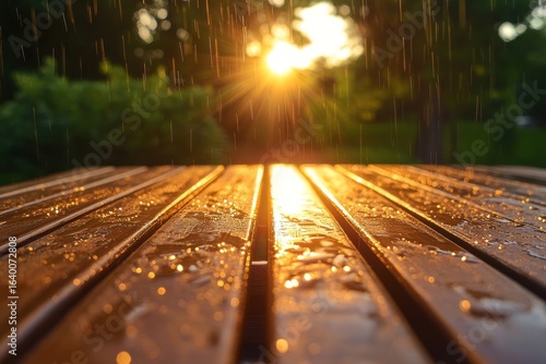 A newly sealed deck is shown in close-up, glistening with water beads that reflect the sun after a rain