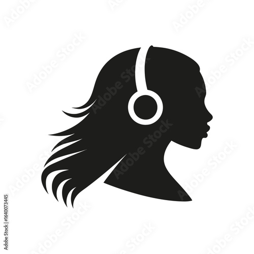 Black silhouette of a woman wearing headphones on a white background