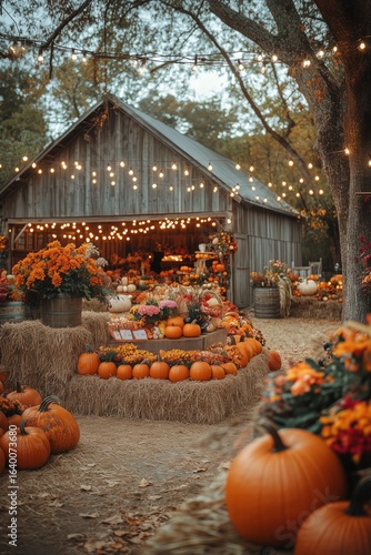 Stunning Autumn Market Showcases Vibrant Pumpkins and Flowers Under Festive L...