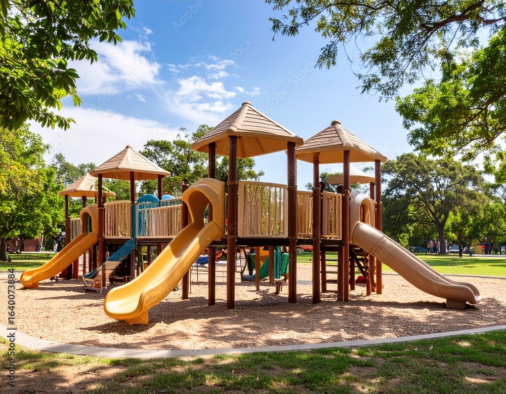 Colorful playground in Pittsburgh with slides and climbing structures surrounded by trees Colorful playground in Pittsburgh with slides and climbing structures surrounded by trees