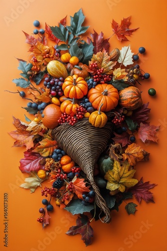 Autumn Harvest Arrangement With Pumpkins and Colorful Leaves on a Vibrant Ora...