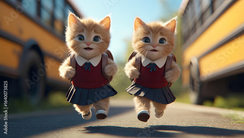 two happy girls kittens in skirts and vests happily running to school from school bus, returning to school concept