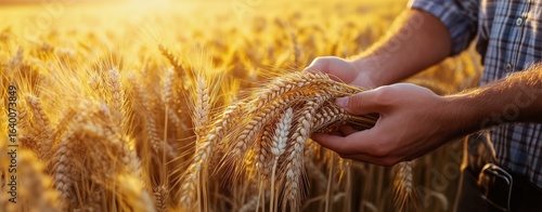 Hands Holding Golden Wheat Stalks at Sunset in a Vast Field.