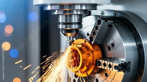 High-precision CNC machining process with sparks and vibrant orange workpiece.