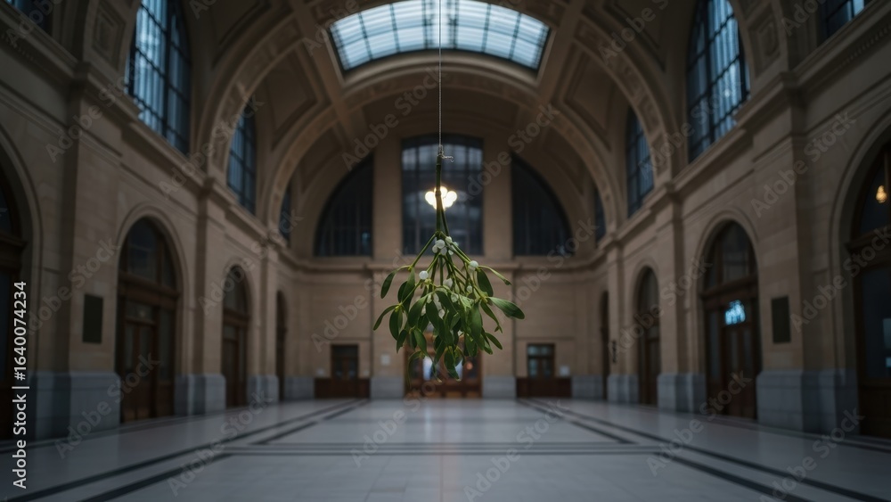 Fototapeta premium Sprig of mistletoe in a large, empty building.