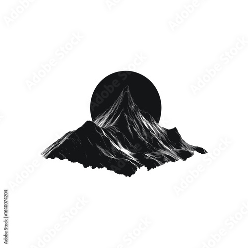 illustration of a black mountain range silhouette against a dark round sun on white background
