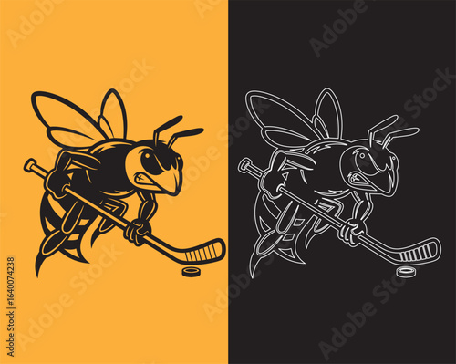 Aggressive Wasp Hockey Mascot Playing with Puck on Ice