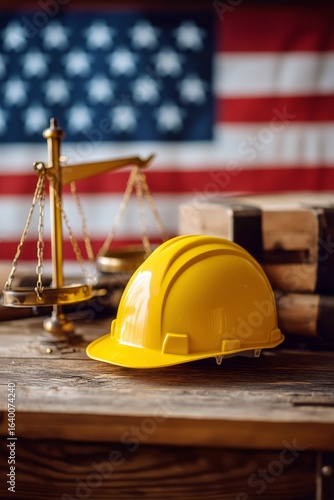 Construction Hard Hat Against a Backdrop of an American Flag in a Rustic Indo...
