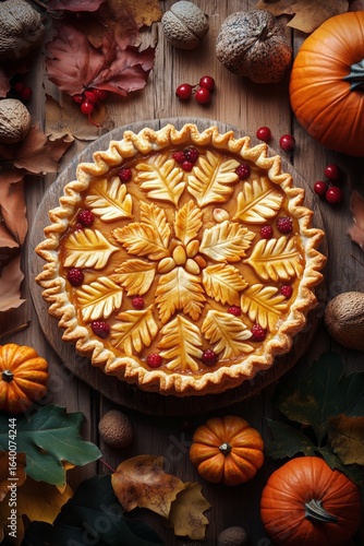 Delicious Autumn Pie Decorated With Leaves and Berries Placed on a Wooden Tab...