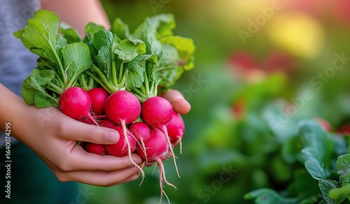 Freshly Harvested Organic Radishes Held by Hands in a Garden at Sunrise.