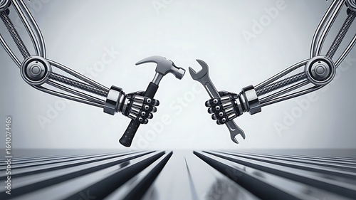 Robotic hands holding a hammer and wrench, symbolizing automation and repair