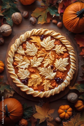 Festive Pumpkin Pie Decorated With Autumn Leaves on a Wooden Table Surrounded...
