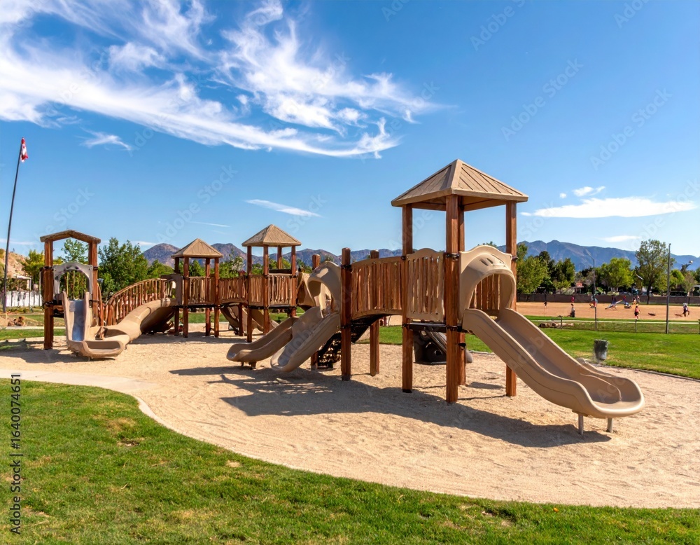 Colorful playground in Pittsburgh with slides and climbing structures surrounded by trees Colorful playground in Pittsburgh with slides and climbing structures surrounded by trees