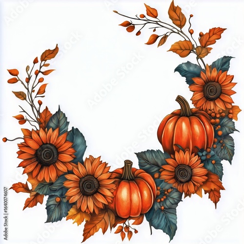 Colorful Autumn Wreath Featuring Sunflowers and Pumpkins for Seasonal Decoration