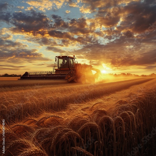 Harvesting Wheat at Sunset With Bright Skies and Golden Fields in the Country...