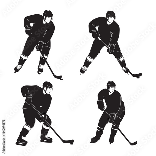 Four Silhouettes of Hockey Players in Action on White Background