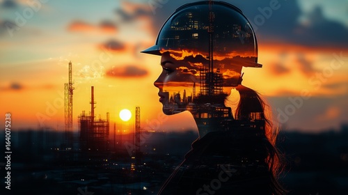 Worker in Safety Gear Observes Sunset Over Industrial Site With Buildings and...