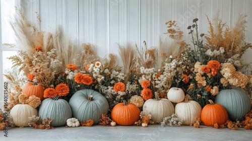 Autumn Decor With Pumpkins and Dried Flowers Arranged in a Cozy Indoor Settin...
