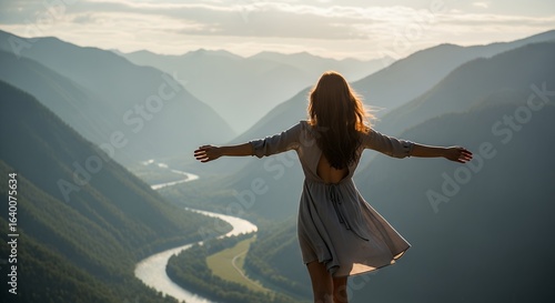 Woman Standing with Arms Outstretched Enjoying Scenic Mountain View Landscape Freedom Travel Nature Photography Adventure