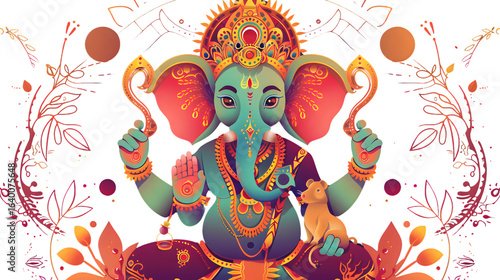 Divine Hindu God Ganesha with Rat Detailed Illustration for Spiritual Artwork