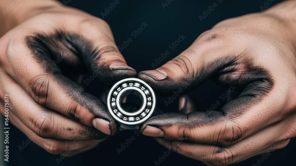 Fototapeta premium Mechanic's dirty hands holding a clean metal bearing.