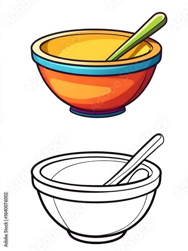 Cartoon Bowl with Spoon Illustration and Coloring Page