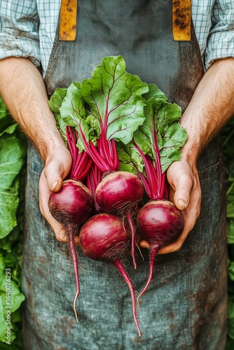 Freshly Harvested Beets Held by a Gardener in a Green Field Under Natural Sun...