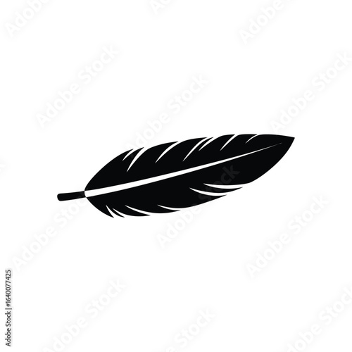 Black feather isolated on white background, decorative icon, flat design element