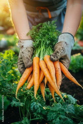 Freshly Harvested Orange Carrots Held by Gardener in a Vibrant Vegetable Gard...