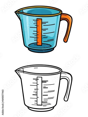 Cartoon measuring cup illustration in color and black and white line art for coloring.